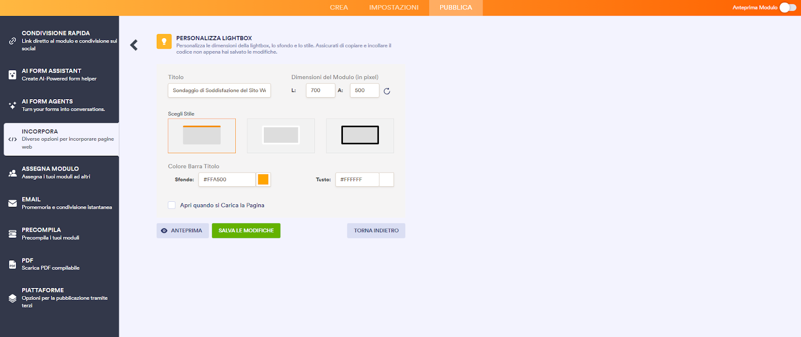 Screenshot delle opzioni di personalizzazione dello stile del Lightbox