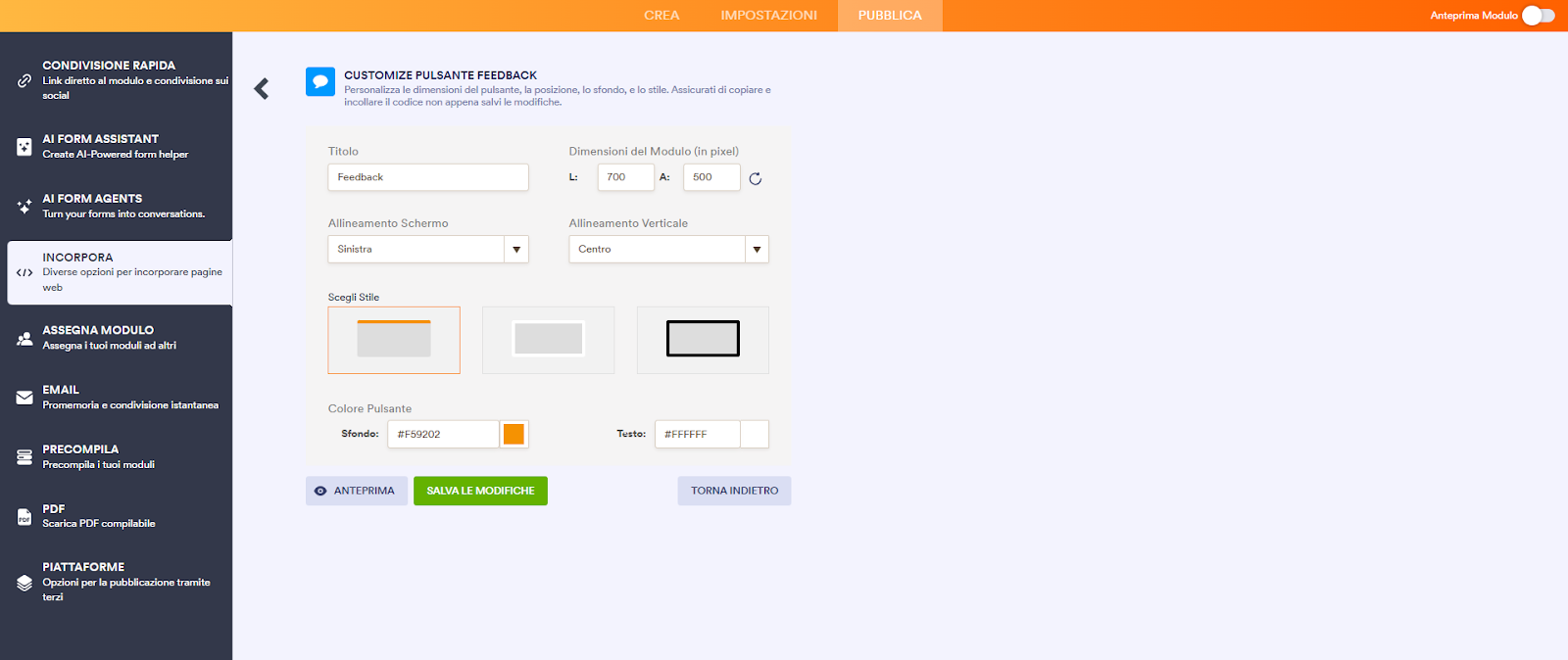 Screenshot delle opzioni per personalizzare lo stile del pulsante di feedback