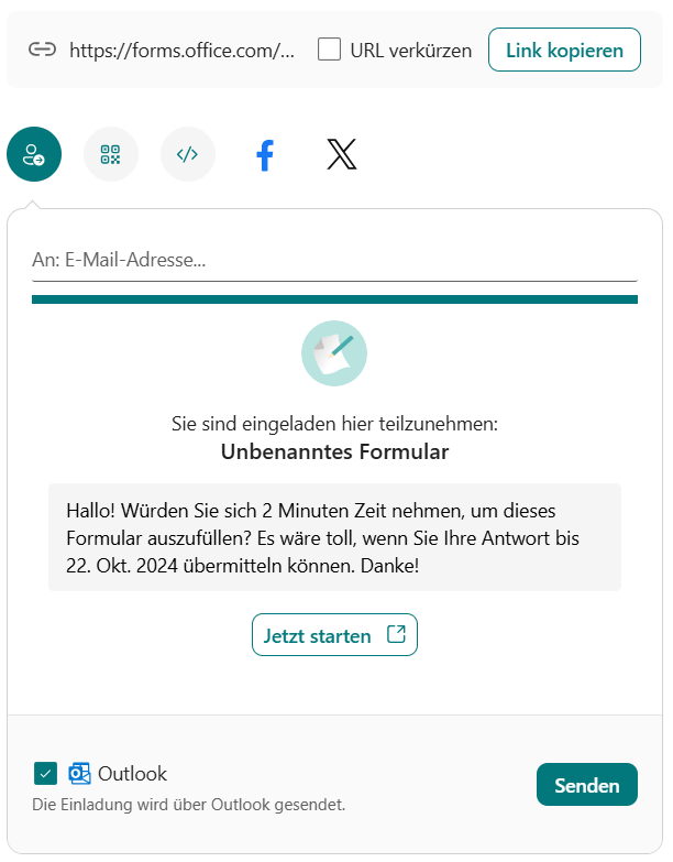 Screenshot der Microsoft Forms-Seite zum mobilen Senden mit verschiedenen Optionen zum Senden eines Formulars