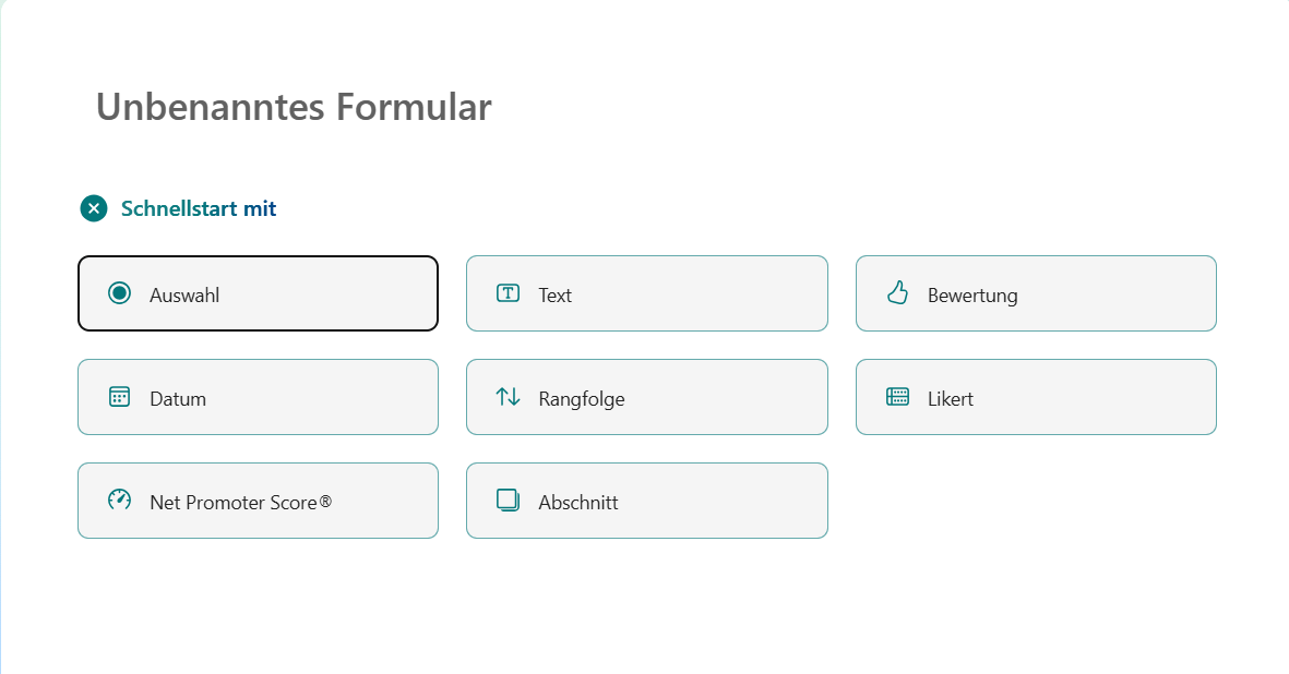 Screenshot des Microsoft Forms-Fragenmenüs in einem leeren Formular für Mobilgeräte