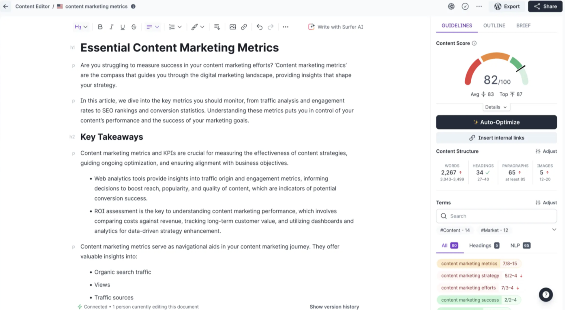 Surfer SEO content editor page