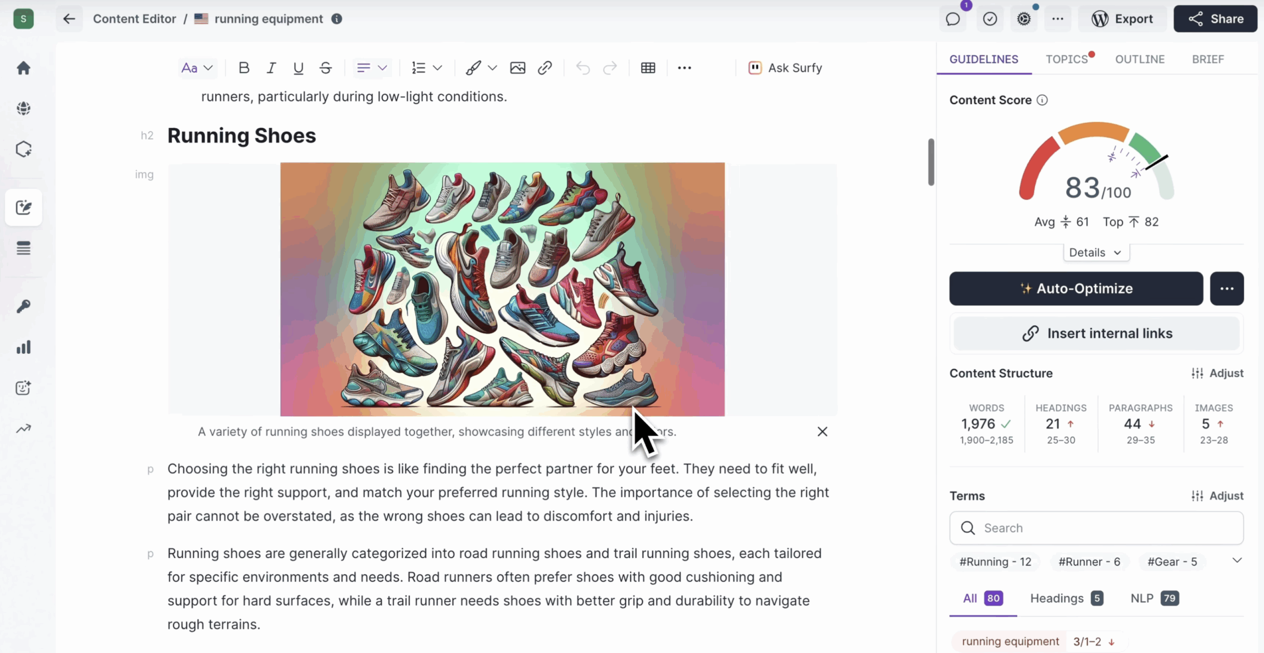 Surfer SEO content editor page