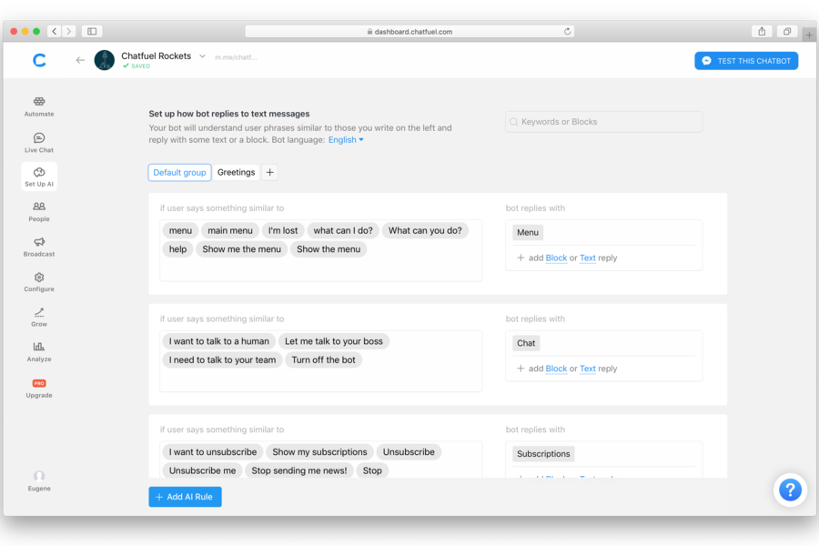Chatfuel user interface