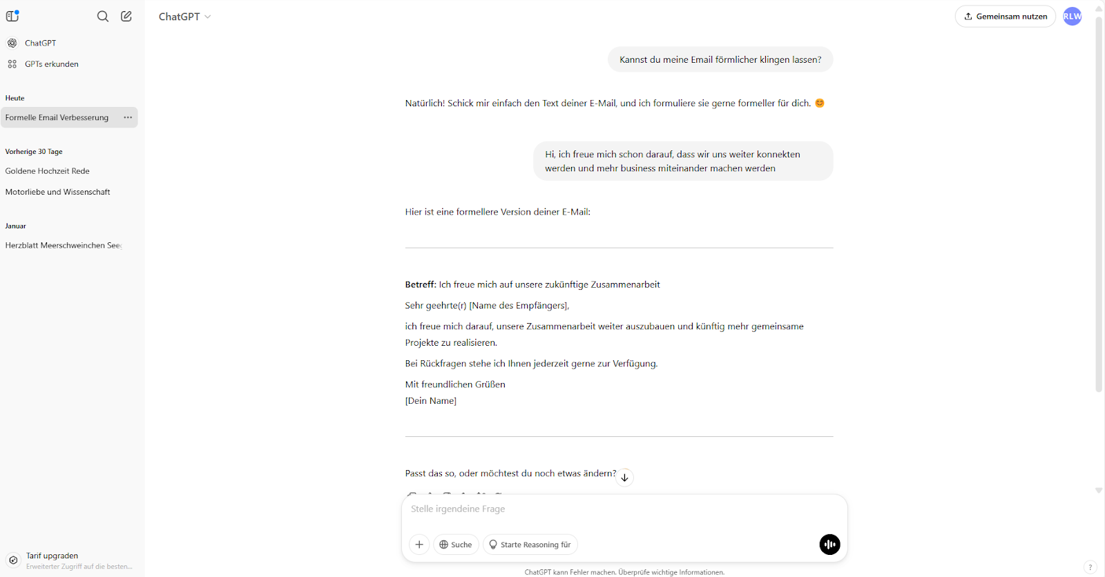 Benutzeroberfläche von ChatGPT