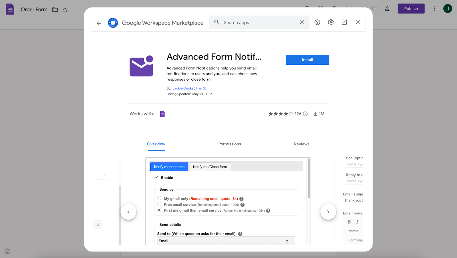 Viewing Advanced Form Notifications add-on window on Google Workspace Marketplace