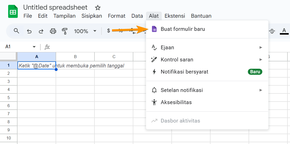 Mengklik opsi Buat formulir baru di Google Sheets