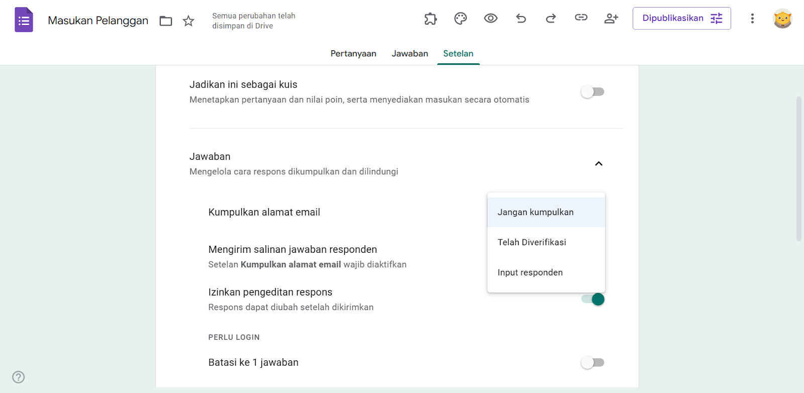 Memilih opsi Jangan kumpulkan di bawah tab Respons di Google Formulir