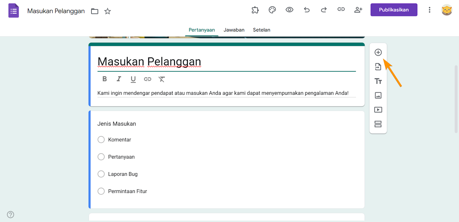 Mengklik tombol Tambahkan pertanyaan di Google Formulir