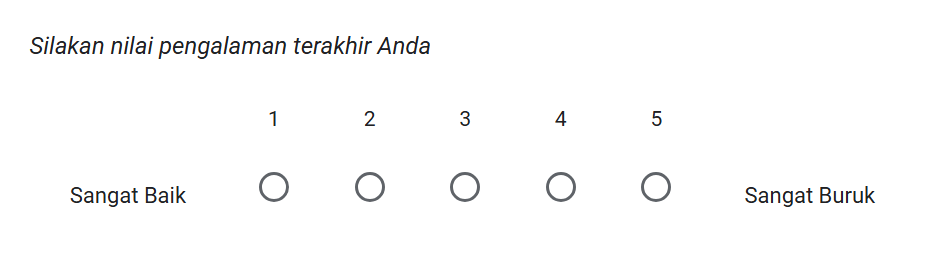 Pertanyaan di Google Formulir yang menampilkan "Silakan nilai pengalaman terakhir Anda
