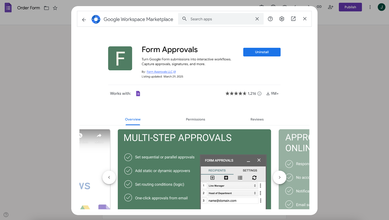 Viewing Form Approvals add-on window on Google Workspace Marketplace