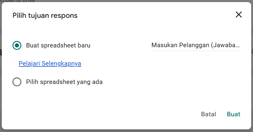 Memilih Buat spreadsheet baru untuk tujuan respons di Google Forms