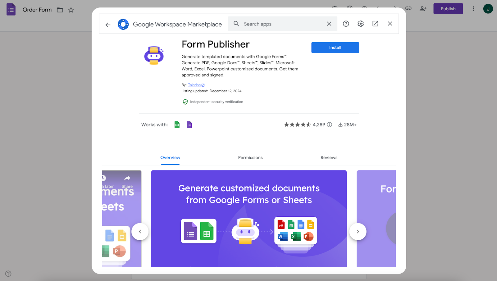 Viewing Form Publisher add-on on Google Workspace Marketplace