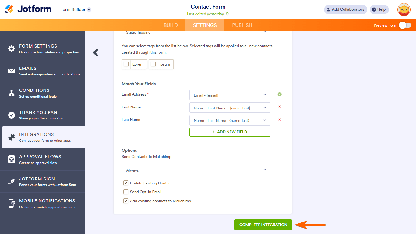 Screenshot of the Jotform Mailchimp integration, with an arrow pointing to the "Complete Integration" button