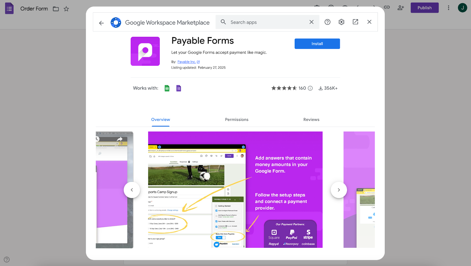 Viewing Payable Forms add-on window on Google Workspace Marketplace