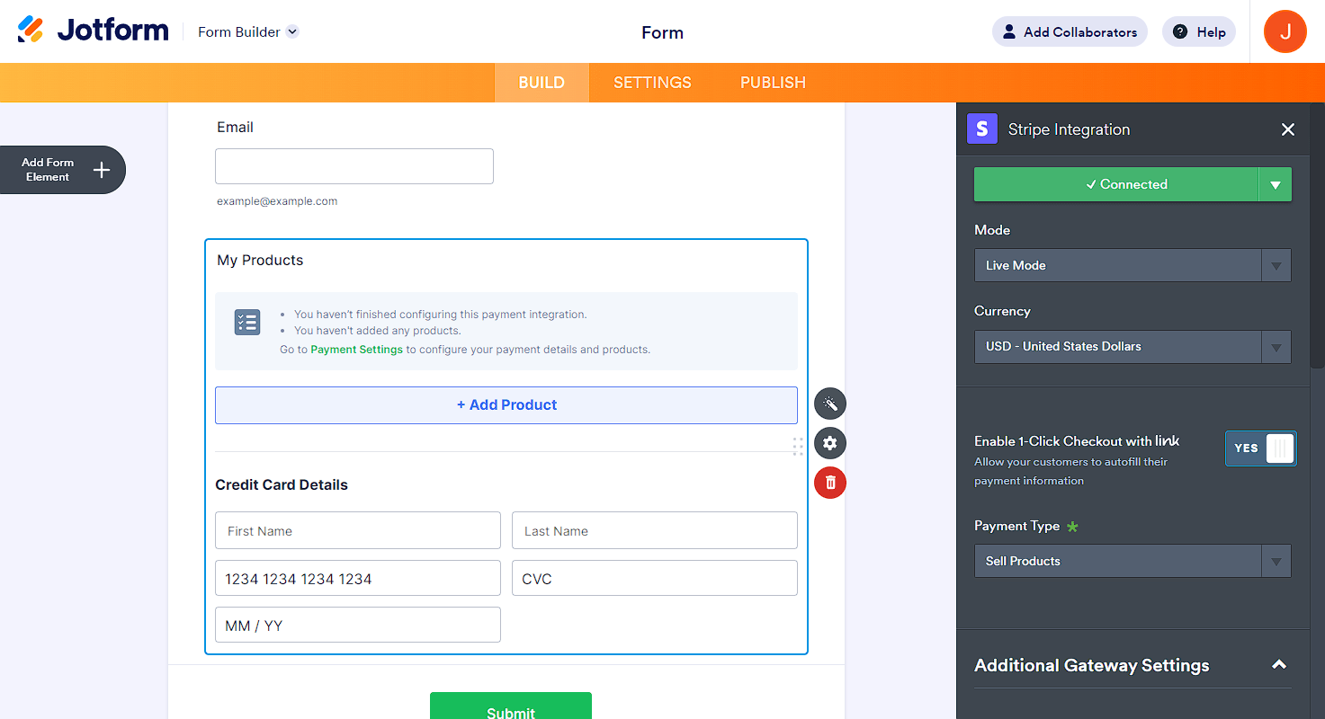 Screenshot of the Jotform Form Builder, with the "Stripe Integration" menu open on the right-hand side of the screen