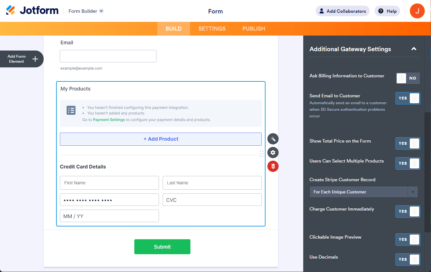 Screenshot of the Jotform Form Builder, with the "Additional Gateway Settings" menu of the Stripe integration open on the right-hand side of the screen