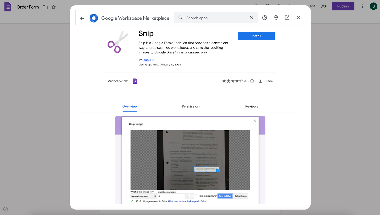 Viewing Snip add-on window on Google Workspace Marketplace