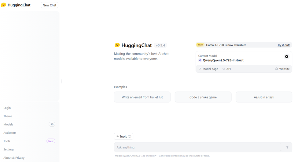 Benutzeroberfläche von HuggingChat