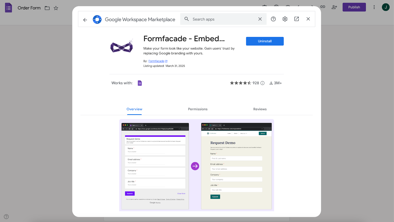 Viewing Formfacade add-on window on Google Workspace Marketplace
