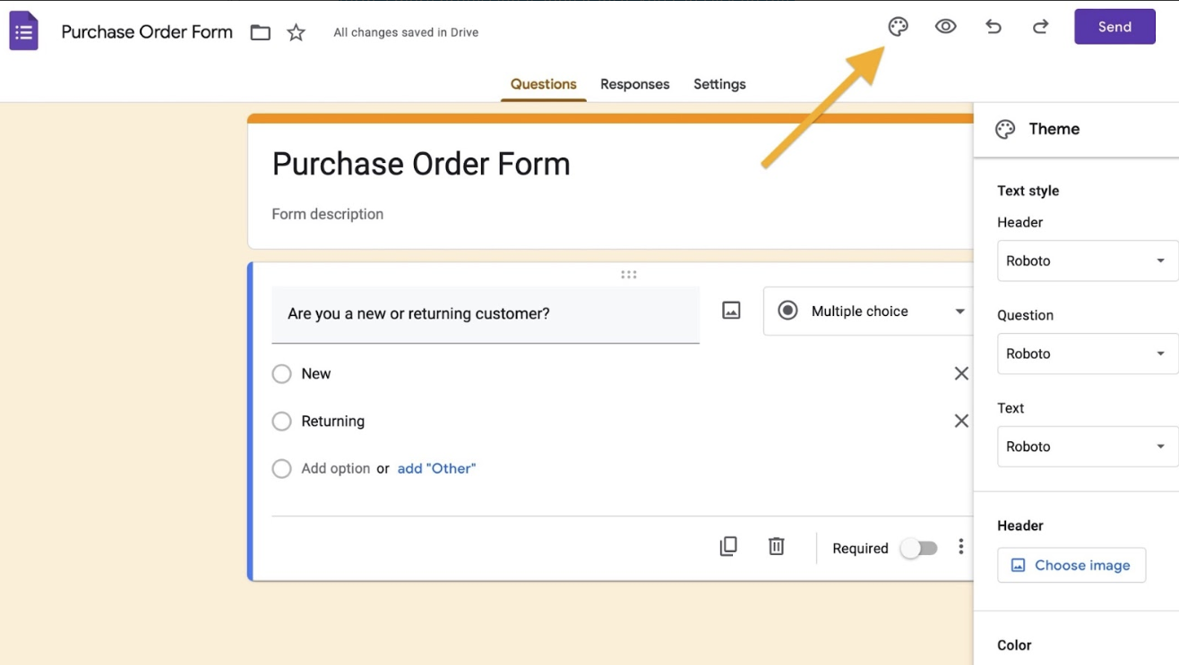 Capture d'écran de l'interface de Google Forms montrant diverses options de personnalisation, notamment l'ajout d'images, la modification des couleurs et des polices