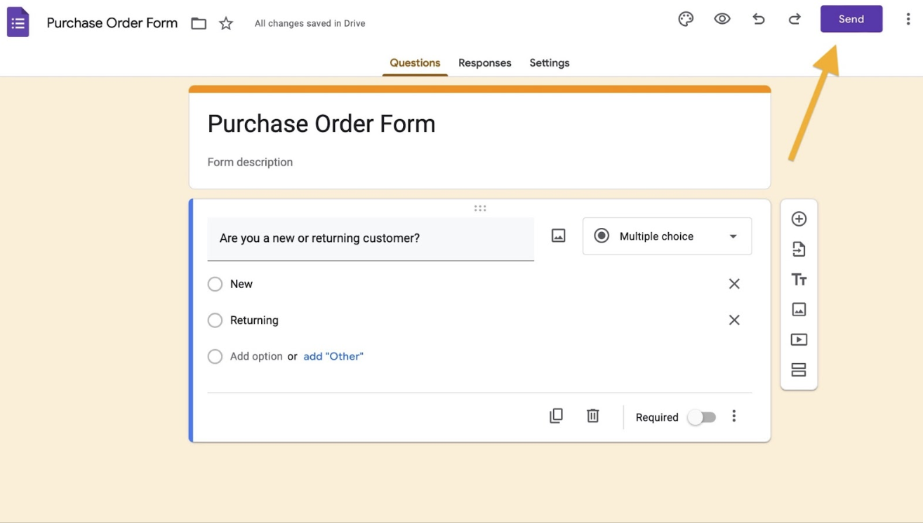 Image représentant un formulaire Google rempli, avec un texte encourageant les utilisateurs à tester le formulaire en l'envoyant à des collègues au sein de leur entreprise, en particulier ceux impliqués dans l'approbation des bons de commande