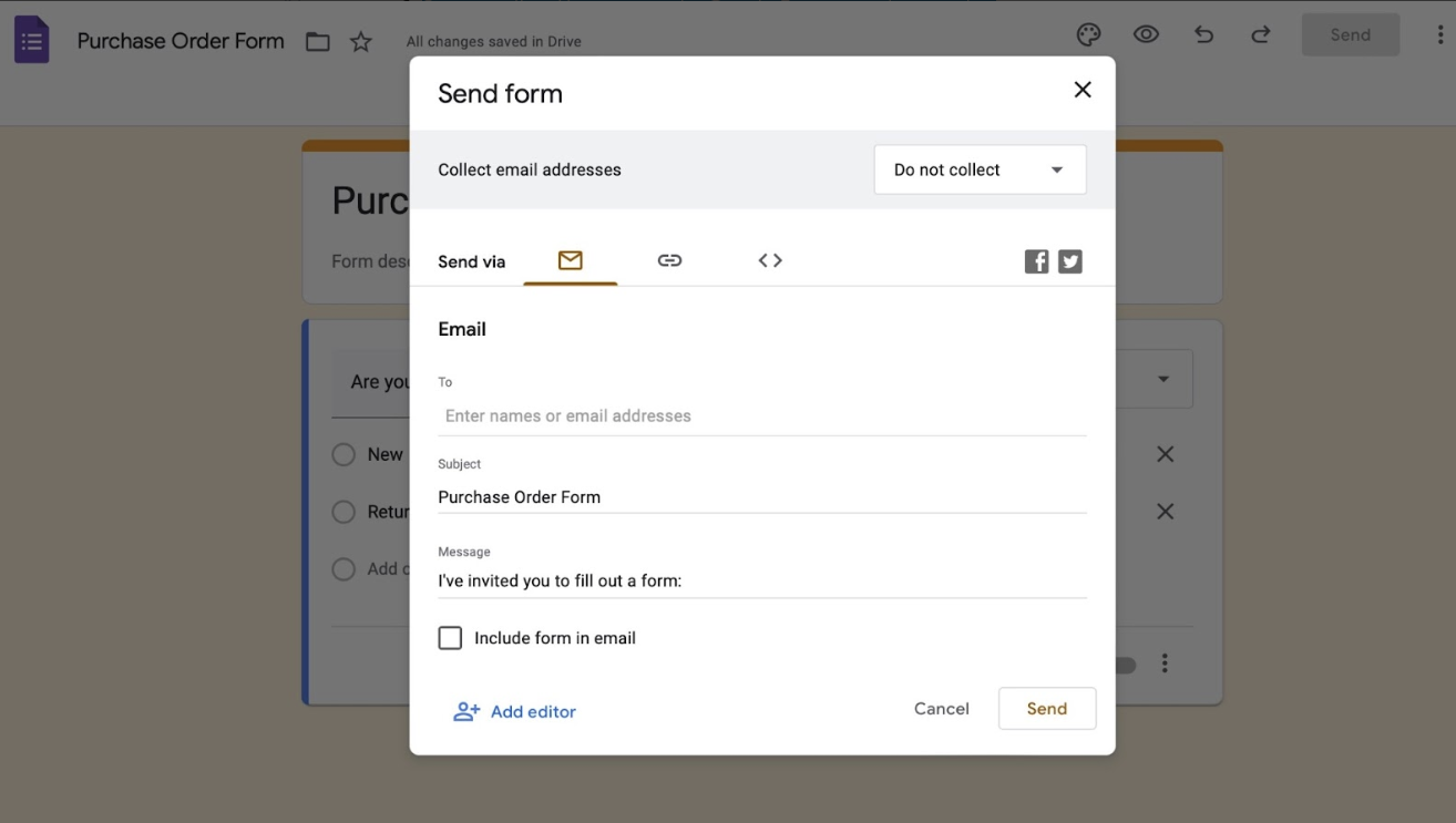 Screenshot showing the 'Send' button in the Google Forms interface