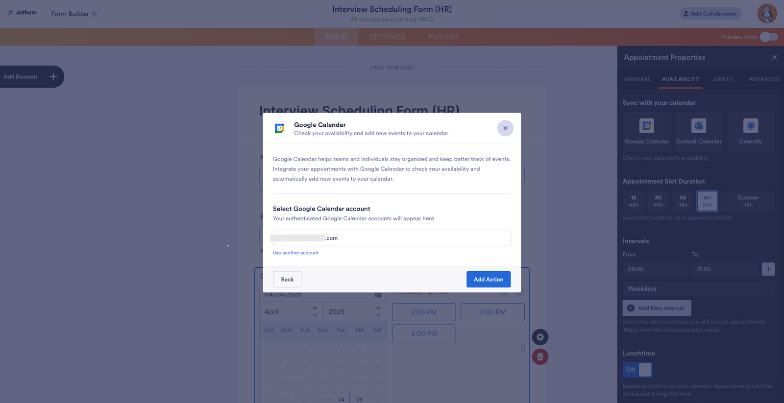 Authenticating the Google Calendar Account in Jotform Form Builder