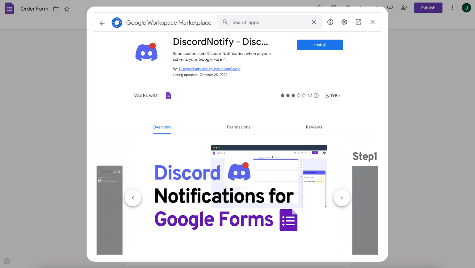 Viewing DiscordNotify add-on on Google Workspace Marketplace