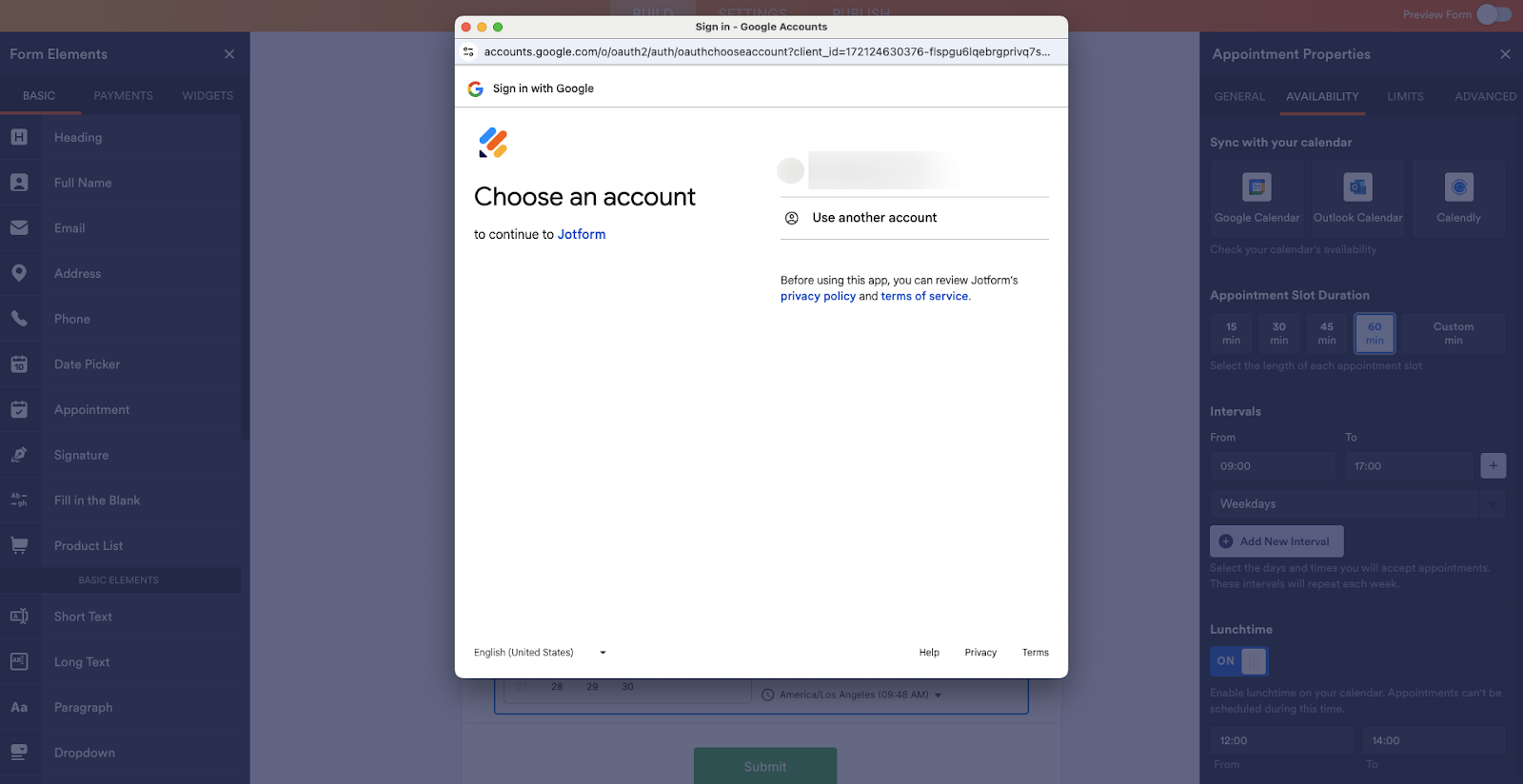 Selecting an account to sync in Jotform Form Builder