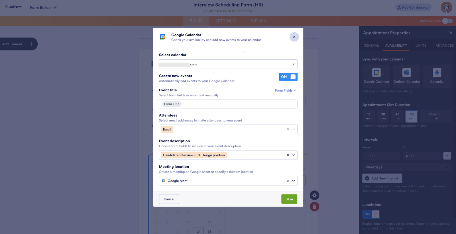 Adding the event, attendee and meeting information in the Google Calendar window in Jotform Form Builder
