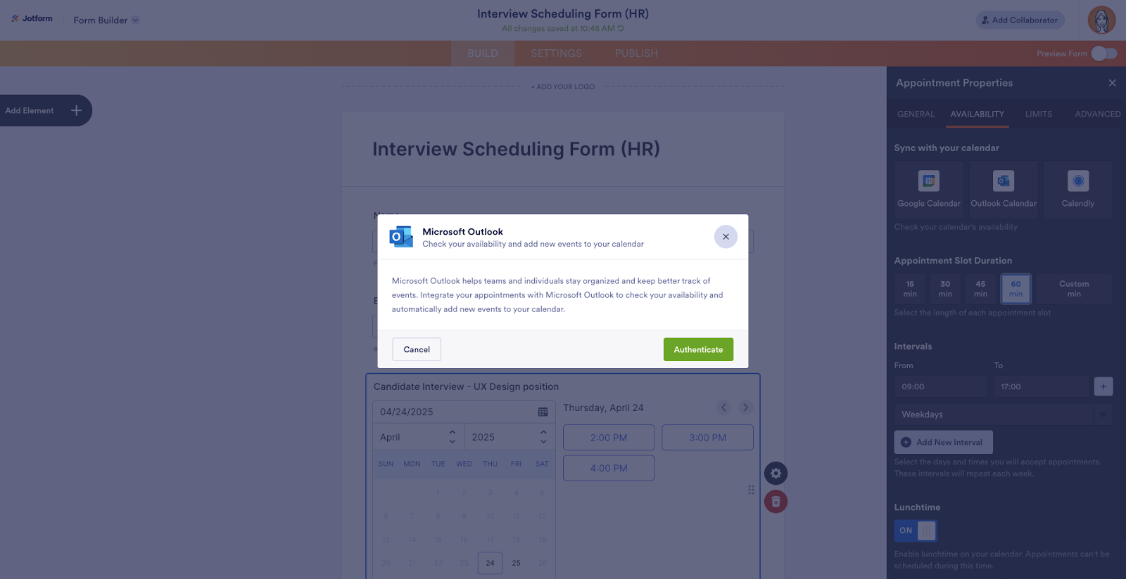 Microsoft Outlook integration window in Jotform Form Builder