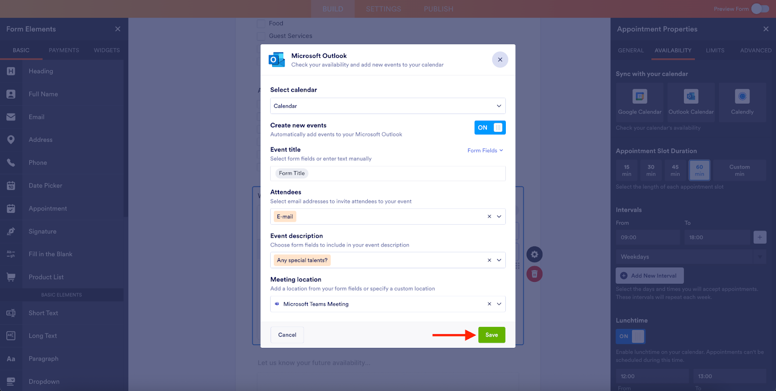 Adding the event, attendee and meeting information on Microsoft Outlook integration window in Jotform Form Builder