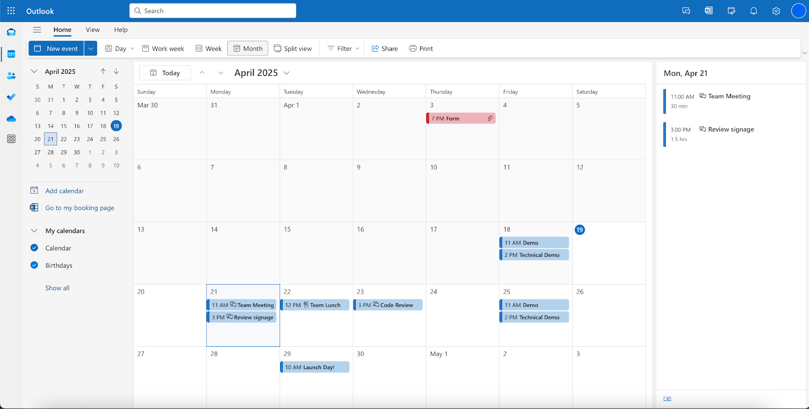 User Interface of Microsoft Outlook viewing an availability for April 21