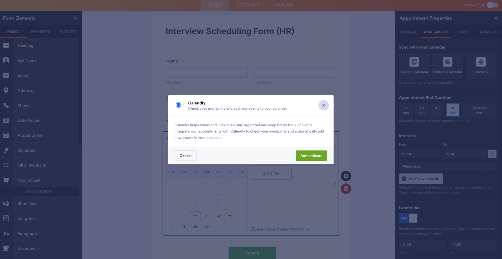 Calendly integration window in Jotform Form Builder