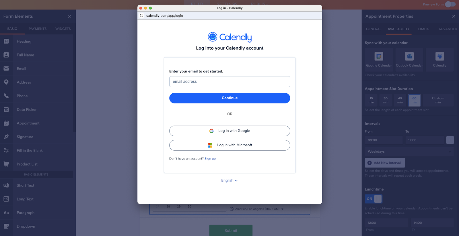 Calendly Log in window in Jotform Form Builder