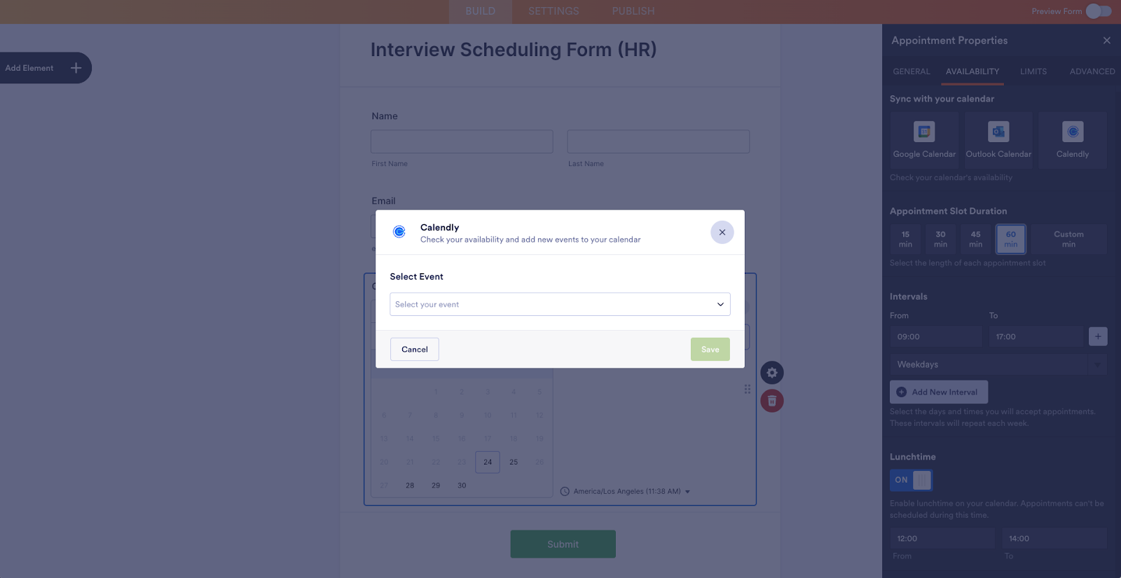 Selecting an event in the Calendly integration window in Jotform Form Builder