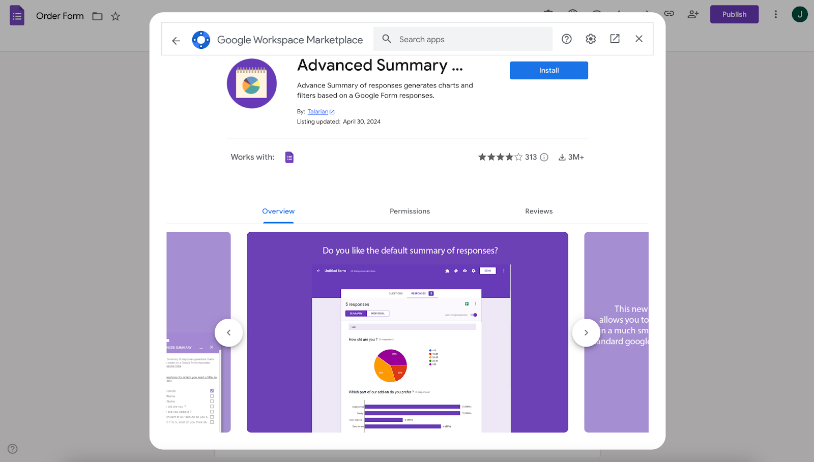 Viewing the Advanced Summary add-on on Google Workspace Marketplace