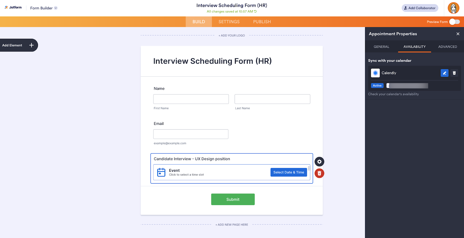 Viewing the Select Date & Time button in the Jotform Form Builder