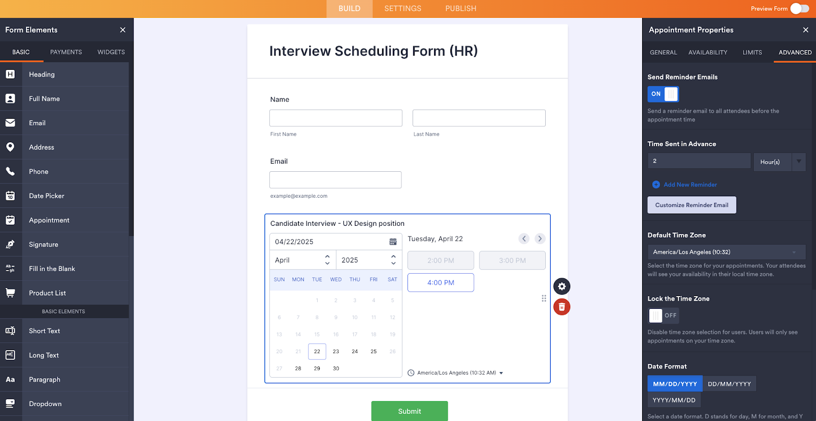 Viewing the Advanced tab in the Appointment Properties in Jotform Form Builder