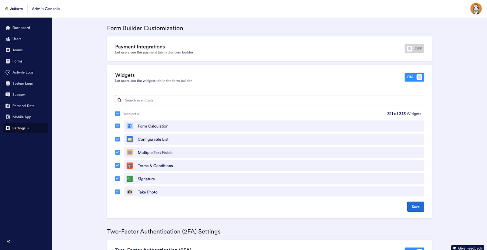 Enabling the widgets on the Form Builder Customization page