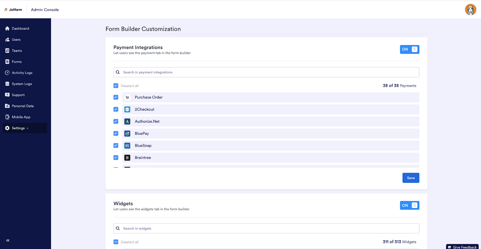 Enabling the payment integrations on the Form Builder Customization page