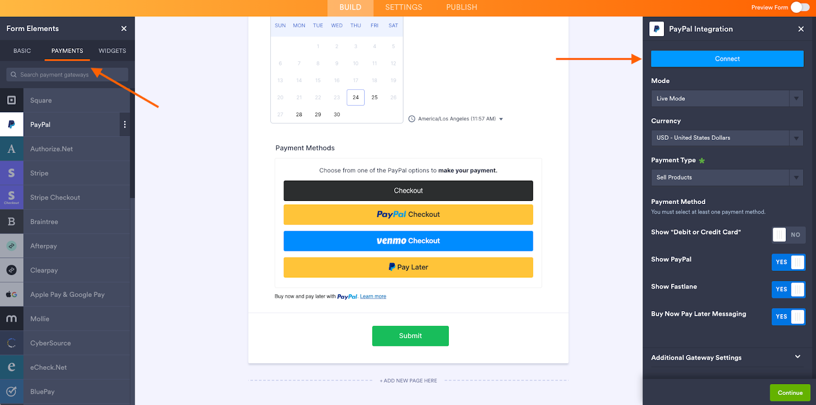 Clicking on the Connect tab under the PayPal Integration on Jotform Form Builder