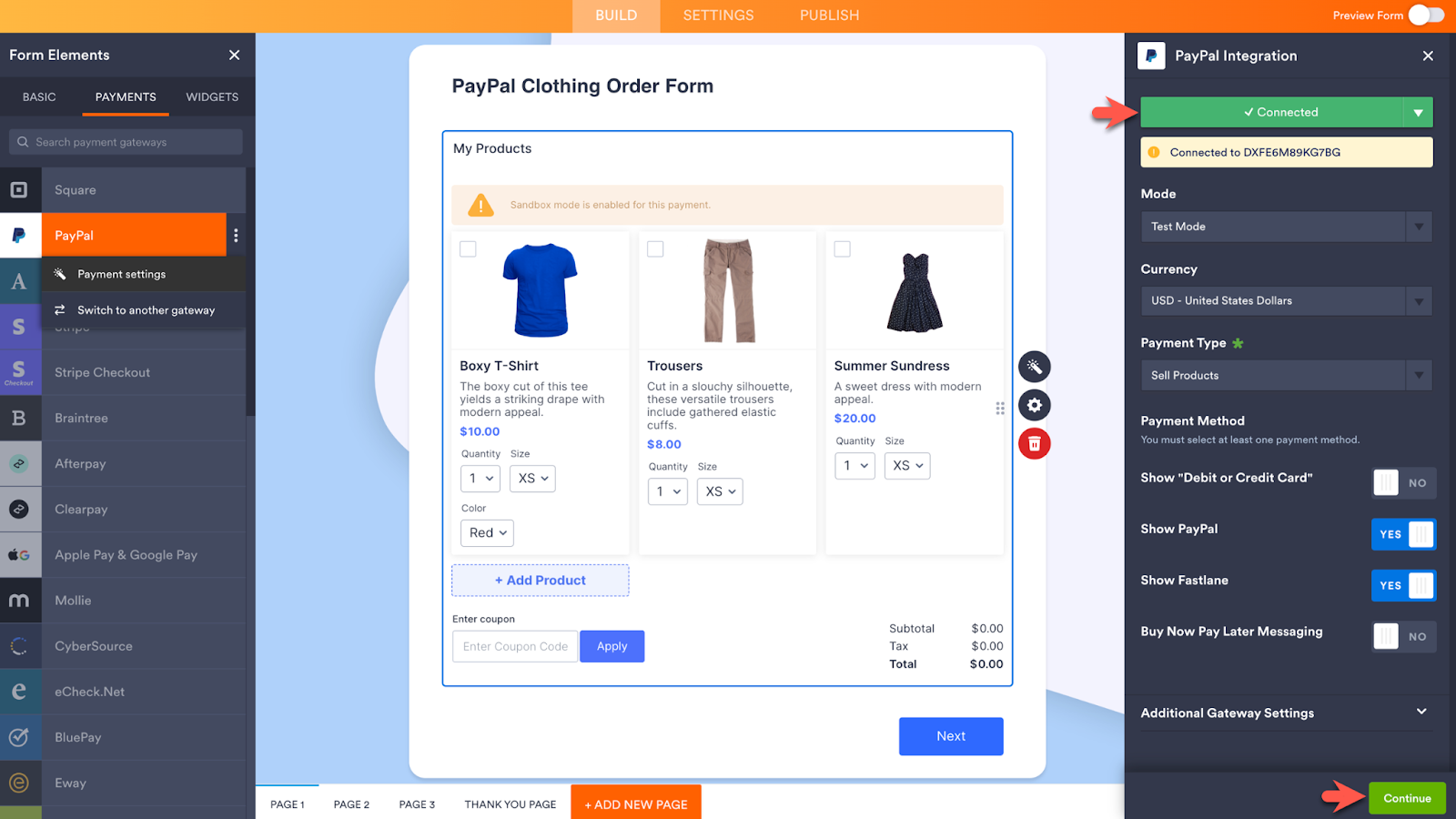 Viewing the button displaying "Connected" on Paypal Integration window and then clicking on the Continue button on Jotform Form Builder