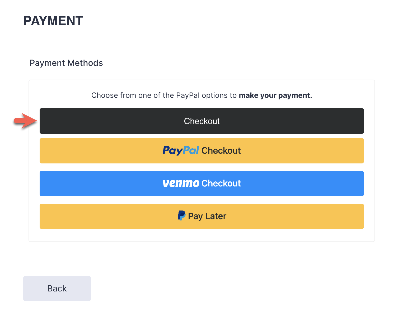 Clicking on the Checkout button under the Payment Methods