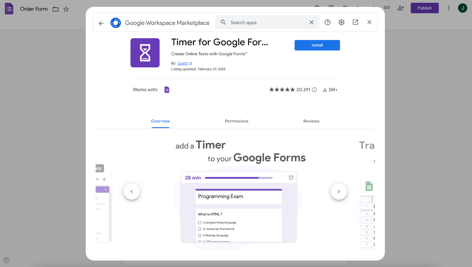 Viewing the Timer for Google Forms add-on on Google Workspace Marketplace