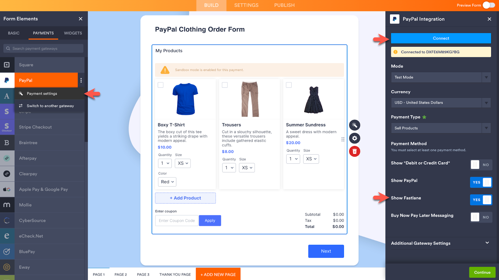 Clicking on the Payment Setting option, then on the Connect button and toggling on the Show Fastlane option
