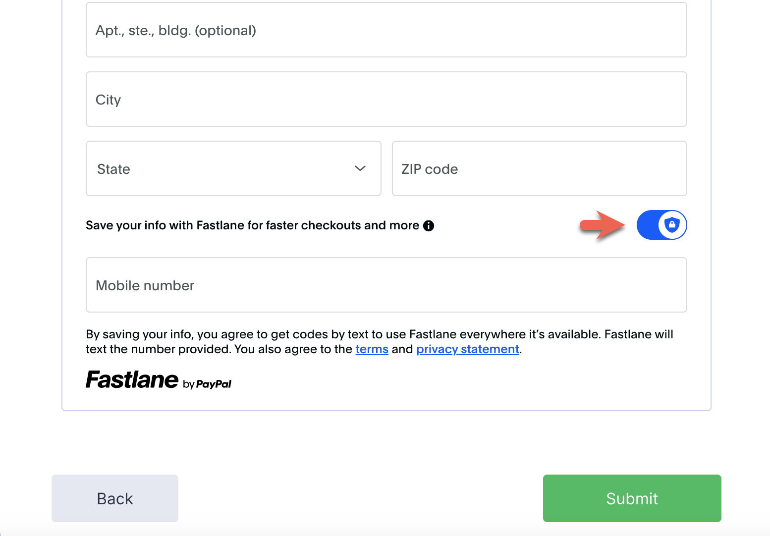 Entering the payment information and toggling the "Save your info with Fastlane for faster checkouts and more" option