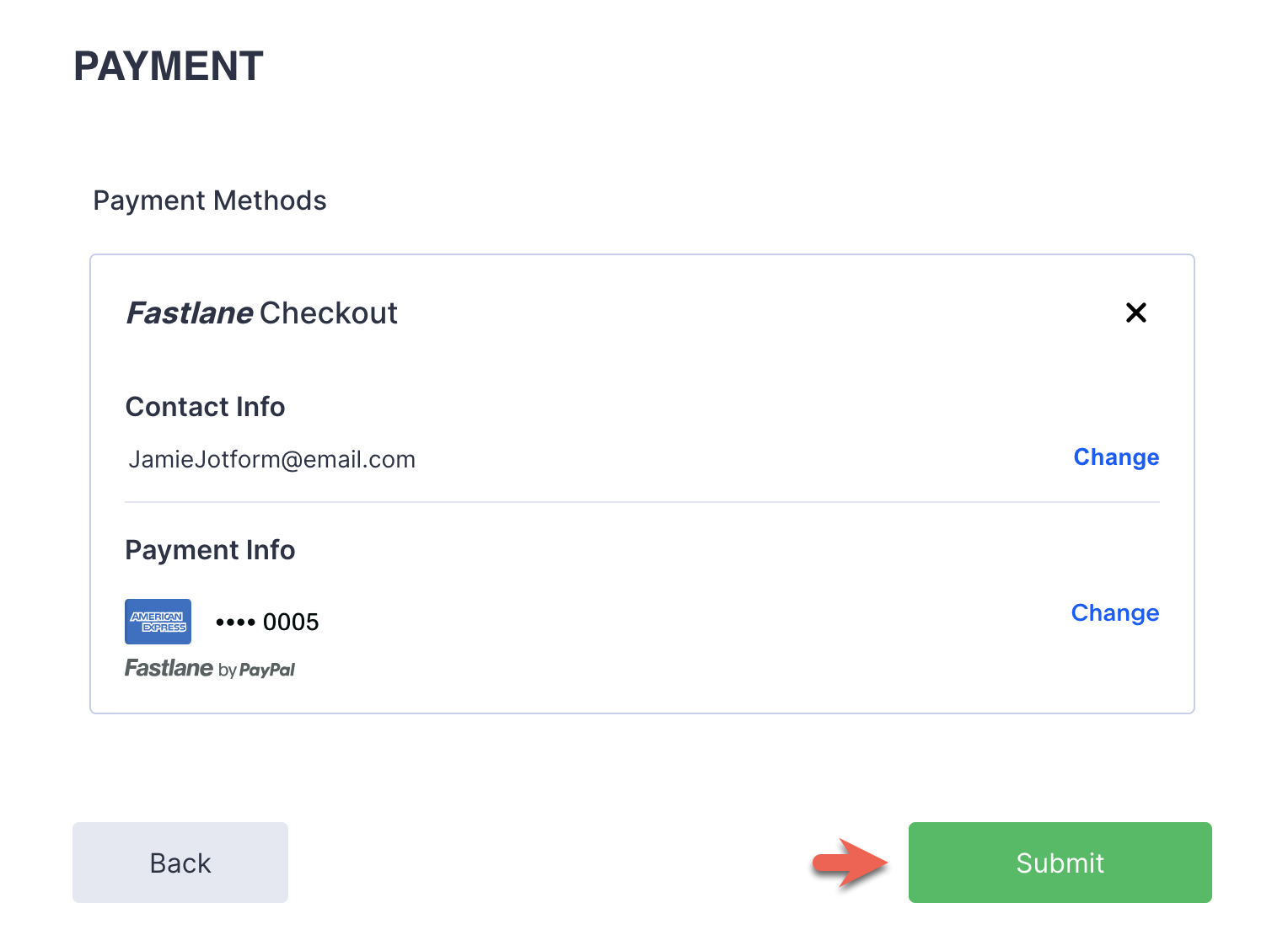 Viewing the Contact and the Payment Info and clicking on the Submit button