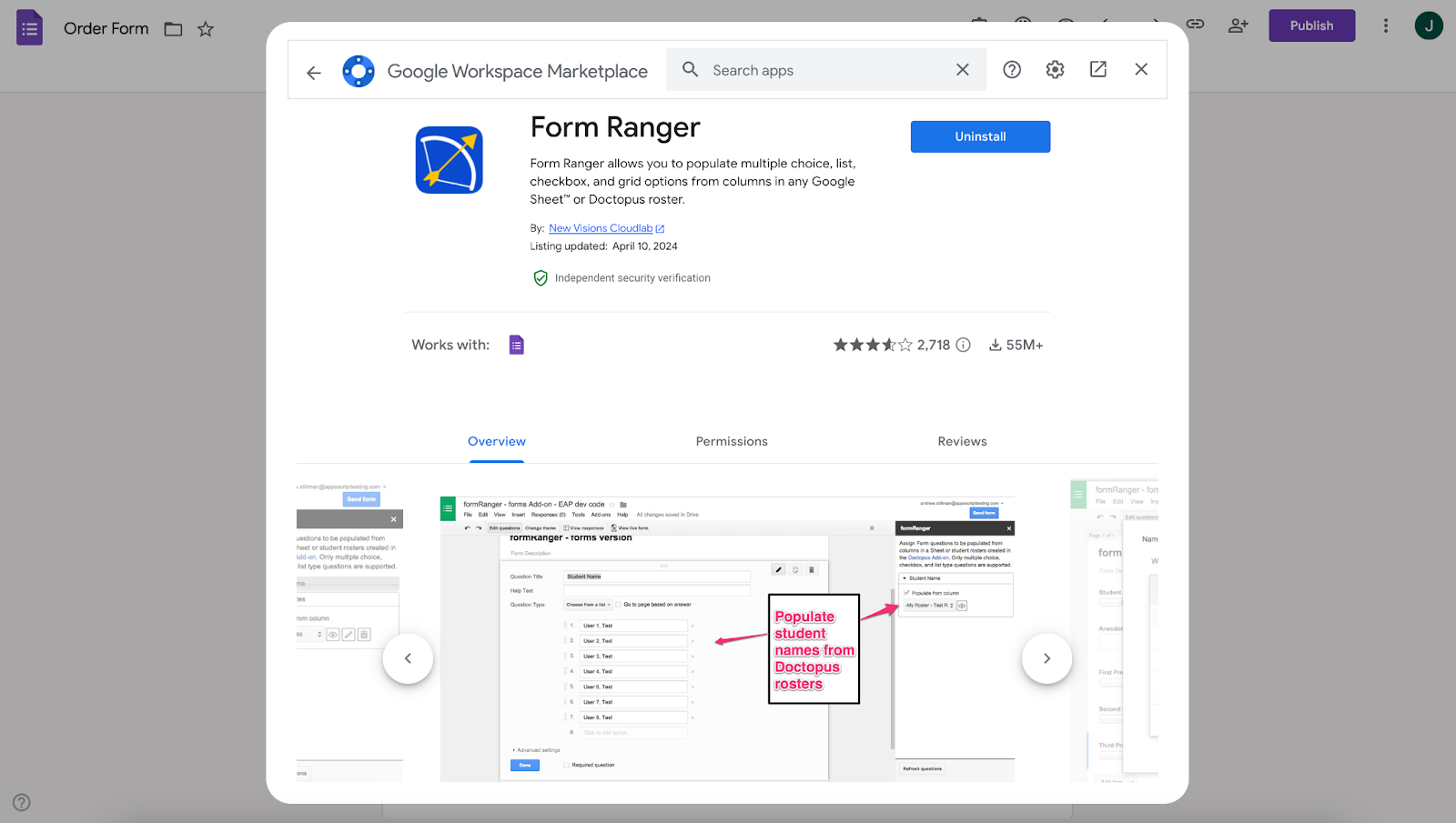 Viewing Form Ranger add-on on Google Workspace Marketplace