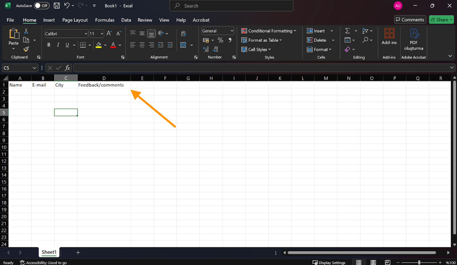 Excel'de Ad, E-posta, Şehir ve Geri Bildirim/yorumlar sütunlarının oluşturulması